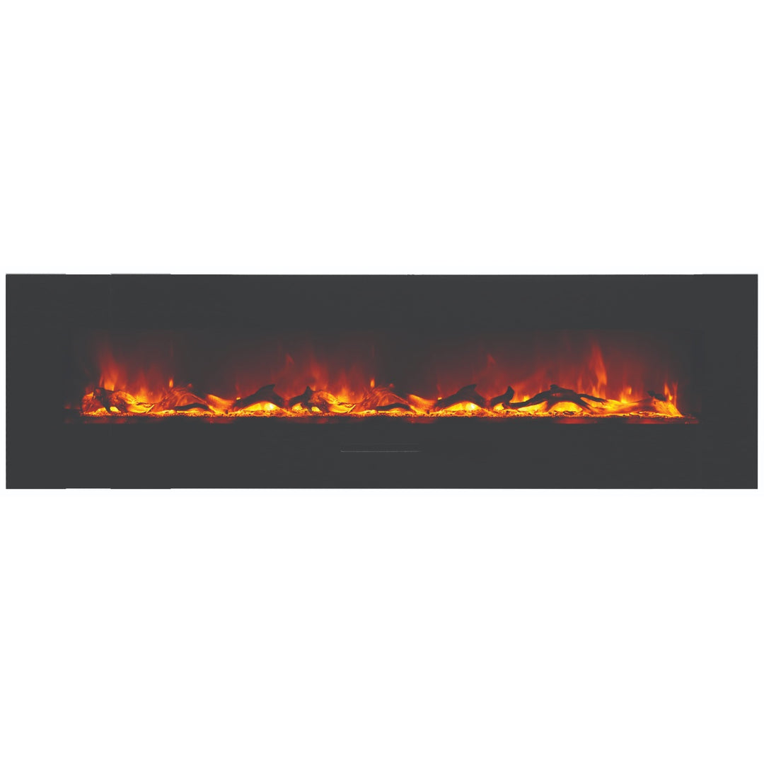 amantii 72 inch linear electric fireplace with orange flame effects and logs