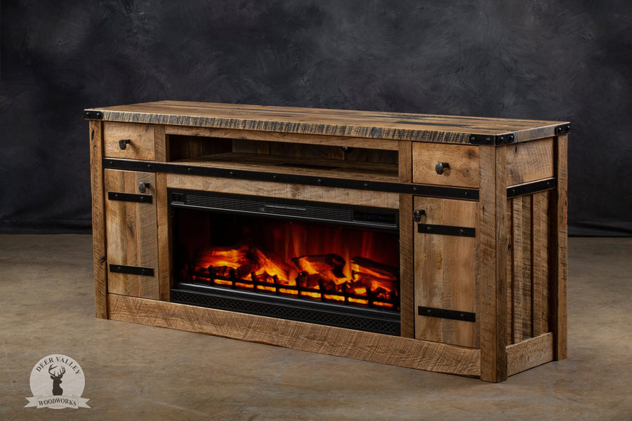 Deer Valley Woodworks Barbara 74" Cabinet FP7418BWN with Electric Fireplace Insert - Flames On