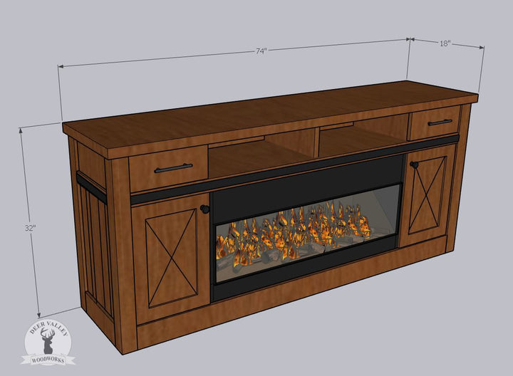 Deer Valley Woodworks Barbara 74" Cabinet FP7418BWN with Electric Fireplace Insert dimensions