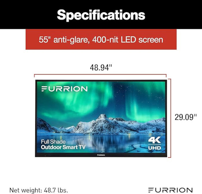 Furrion Aurora 55" Full Shade LED Outdoor Smart 4K Television FDUF55CSA specs sheet