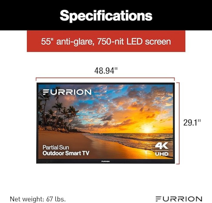 Furrion Aurora 55" Partial Sun LED Outdoor Smart 4K Television FDUP55CSA spec sheet