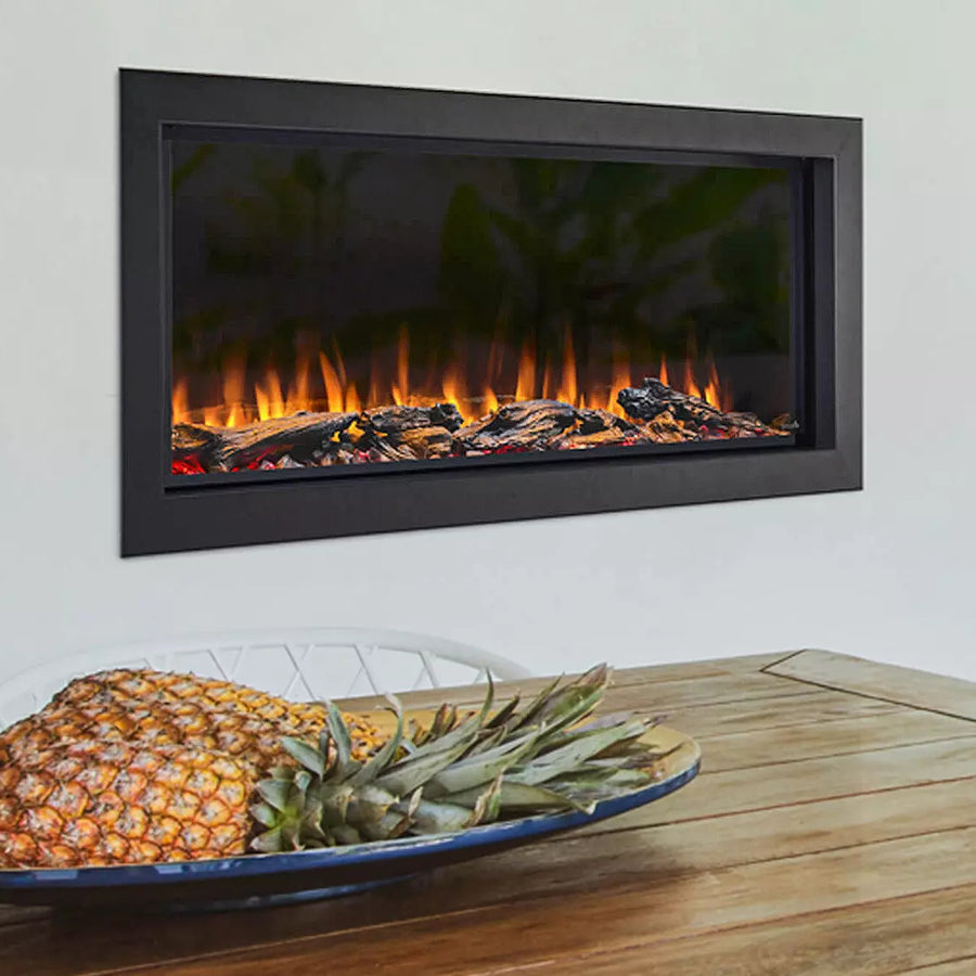 SimpliFire 43" Forum Outdoor electric fireplace - SF-OD43 with alpine timber logs in living room