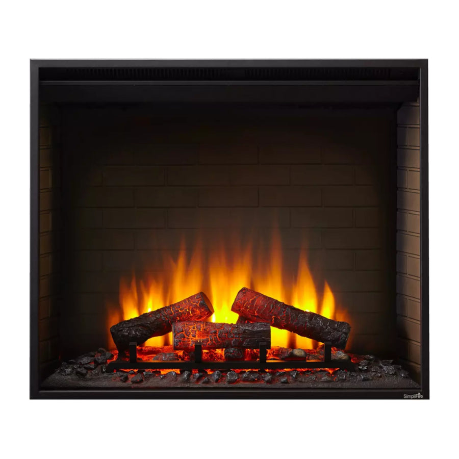 SimpliFire 30" Built-in electric fireplace SF-BI30-EB with orange flames and glowing logs