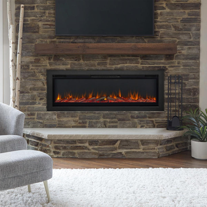 Real Flame 5560 Mount/Recessed 65" Linear Electric Fireplace in living room with stone mantel