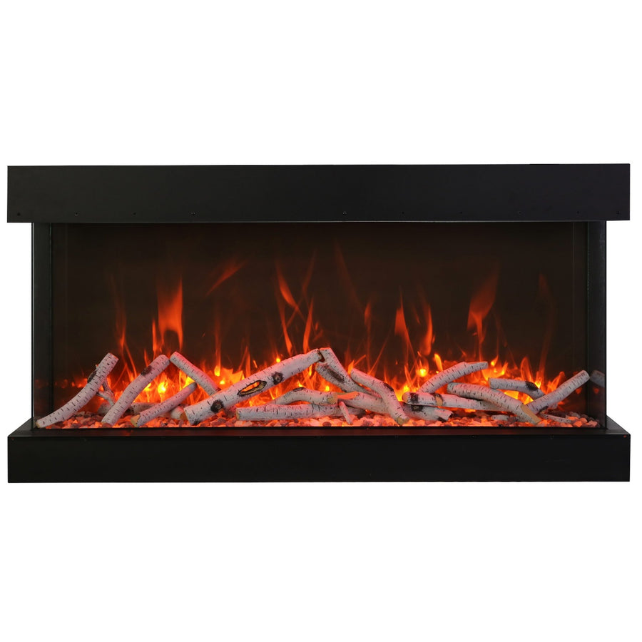 60-inch true view amantii electric fireplace that is extra tall and extra deep pictured with 15 pieces of birch wood and orange flames on