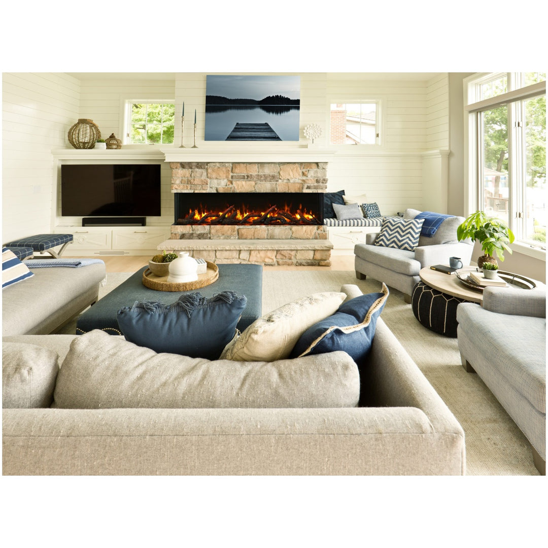 extra long slim electric fireplace by amantii installed in a living room with cozy couches