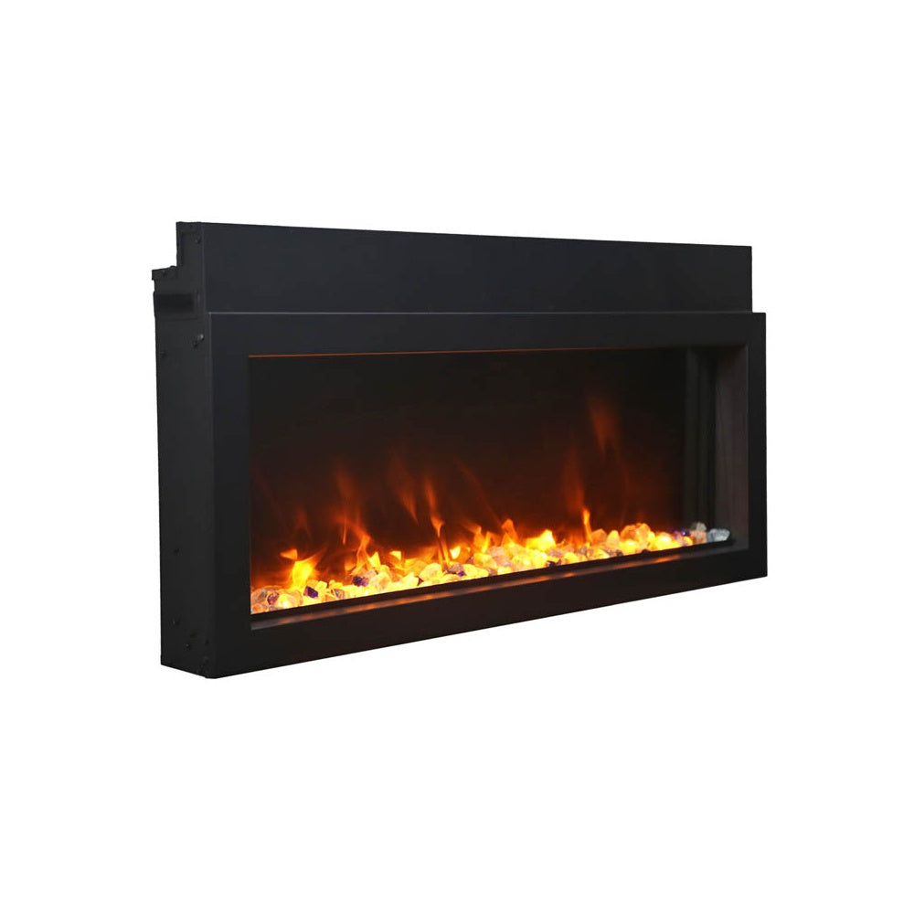 amantii 30-inch contemporary extra slim electric fireplace side view with orange flames on