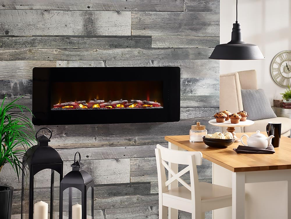 dimplex winslow contemporary electric fireplace hanging on the wall in a dining room