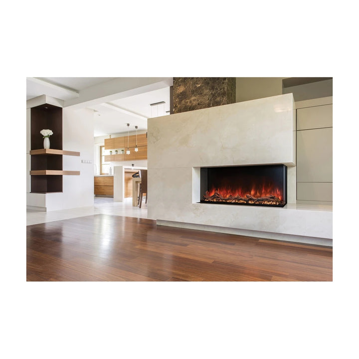minimalist room with 68 inch modern flames LPM-6816 linear electric fireplace installed in a corner wall