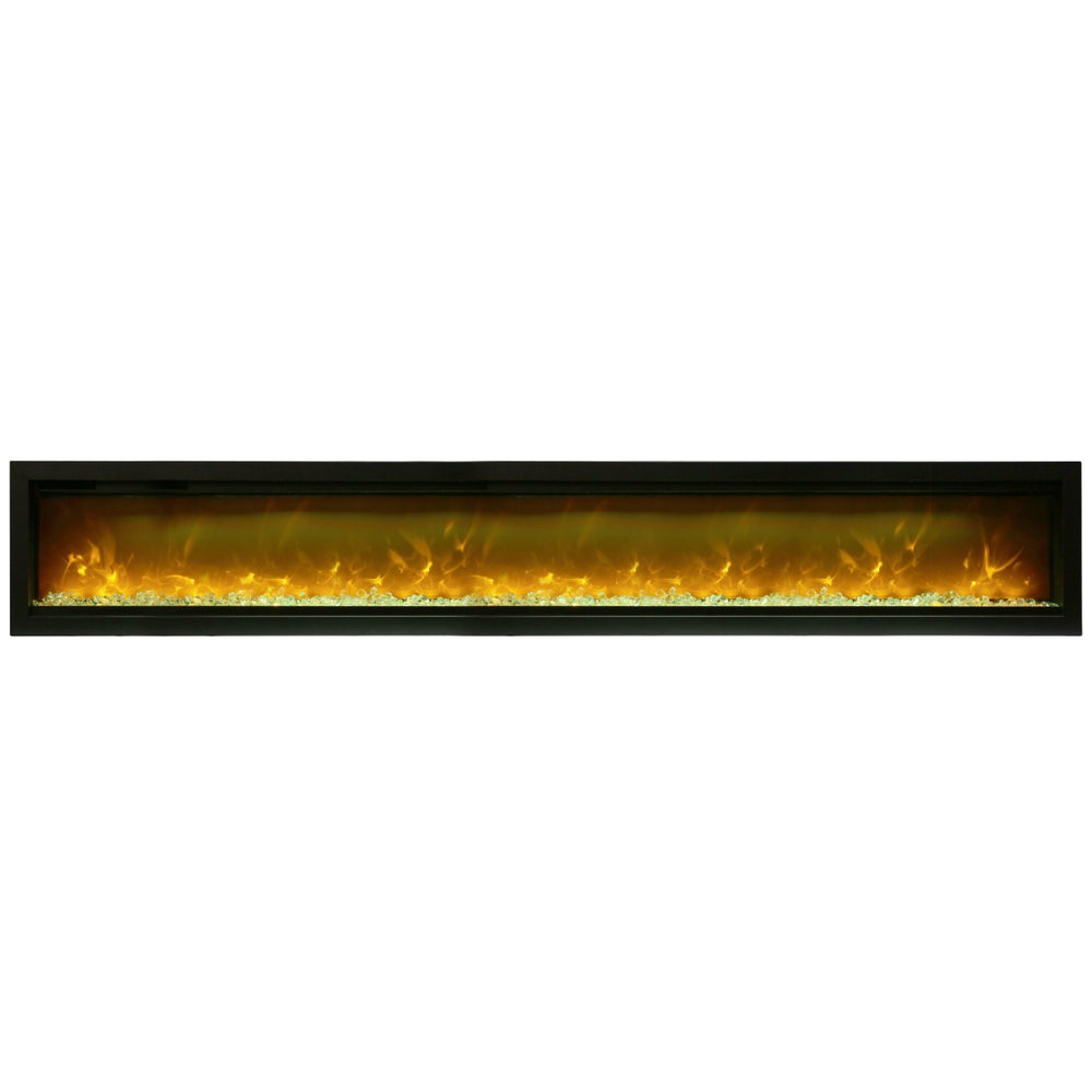 remii 100 inch linear electric fireplace with glass embers and yellow flames on