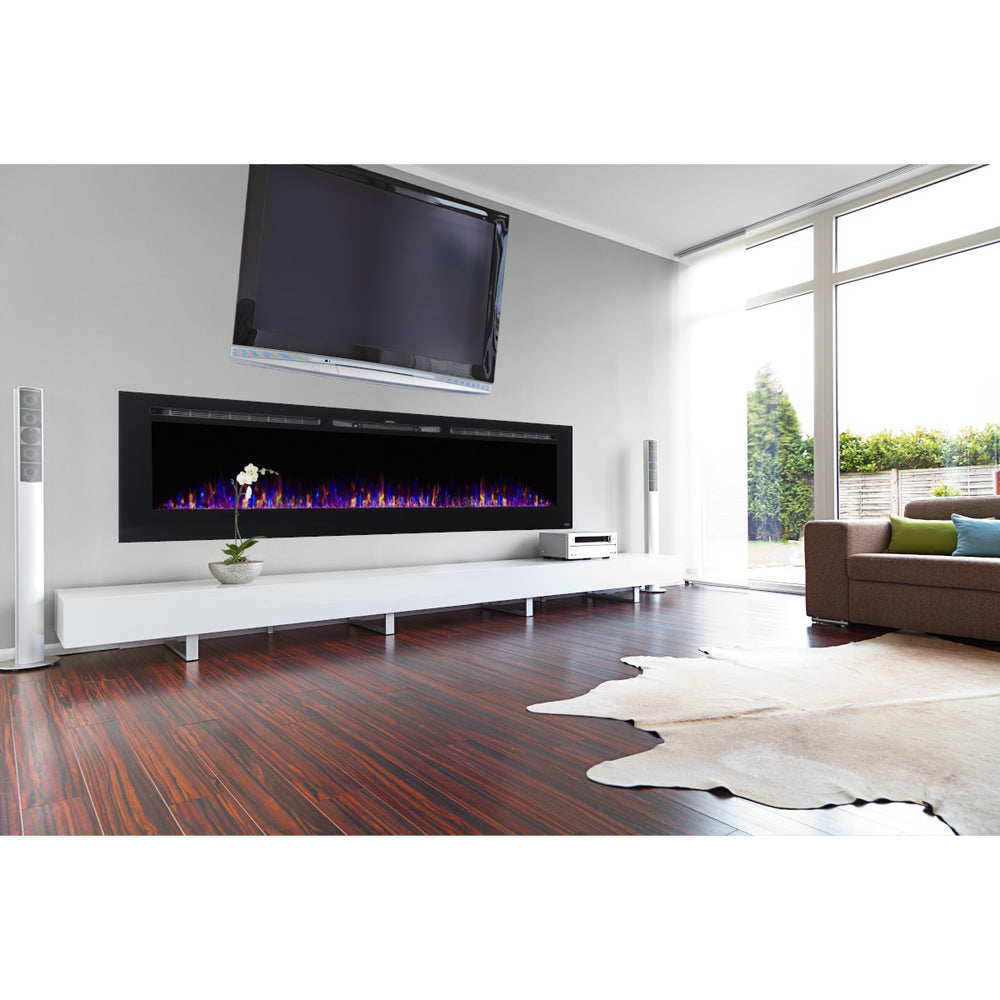 touchstone 100 inch linear electric fireplace installed below a television in a living room