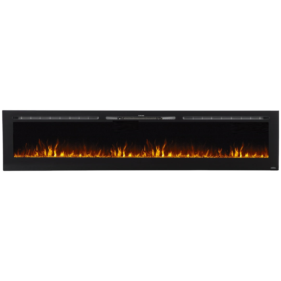 100 inch linear electric fireplace with orange flame effects on