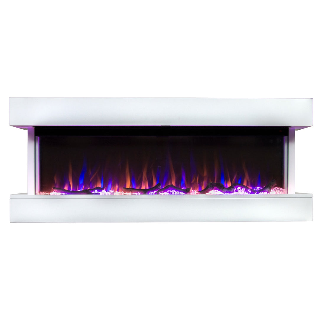 white wall mounted electric fireplace and mantel