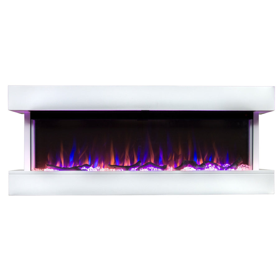 white wall mounted electric fireplace and mantel