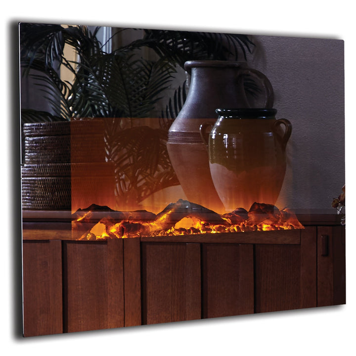 touchstone mirror fireplace with logs and flames turned on