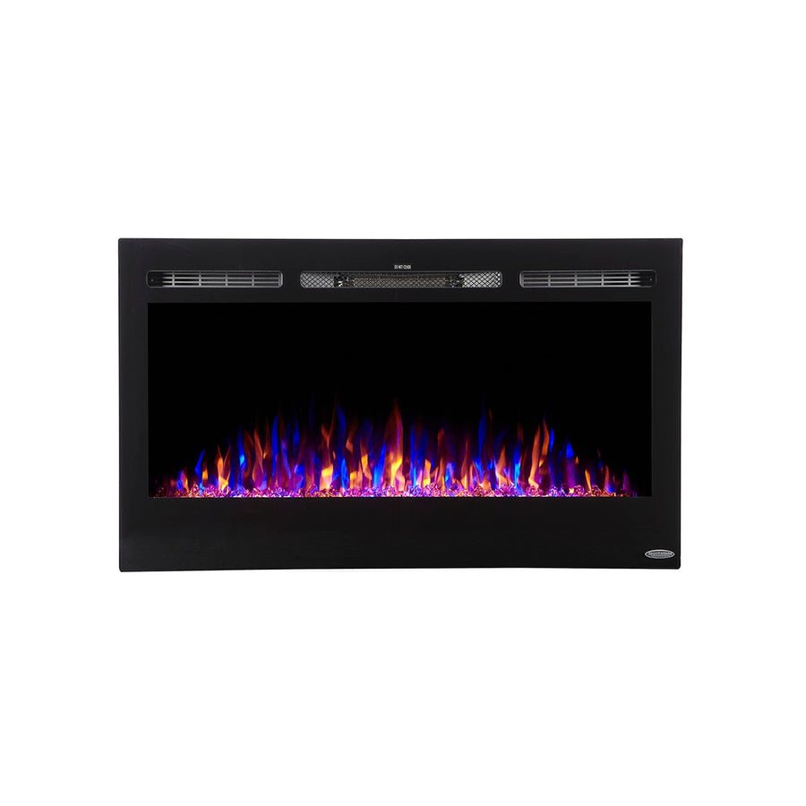 Touchstone Sideline 80014 Linear Electric Fireplace with pink, orange, and blue flames